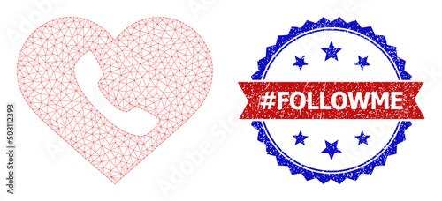 Network love call polygonal frame icon, and bicolor rubber #Followme stamp. Red stamp includes #Followme tag inside ribbon and blue rosette. Vector frame polygonal mesh love call icon. photo