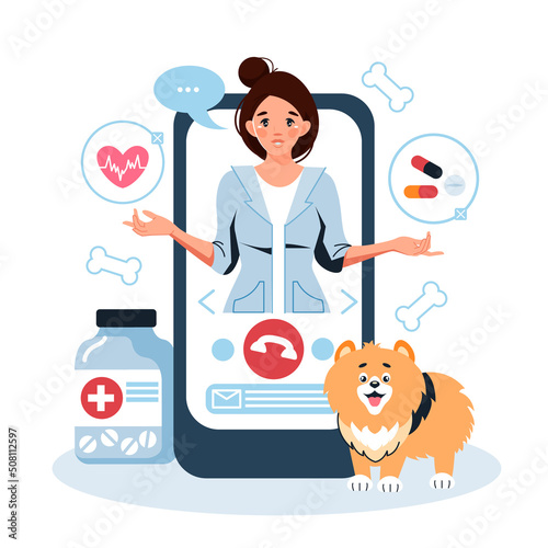 Online consultation of a veterinarian. A female veterinarian treats a dog. Vector