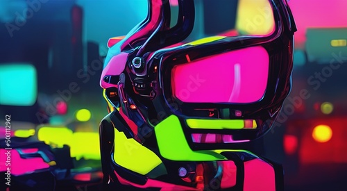 Canvas Print A cyborg with a glowing face-screen looks directly into the background of a gloomy cyberpunk landscape in neon colors