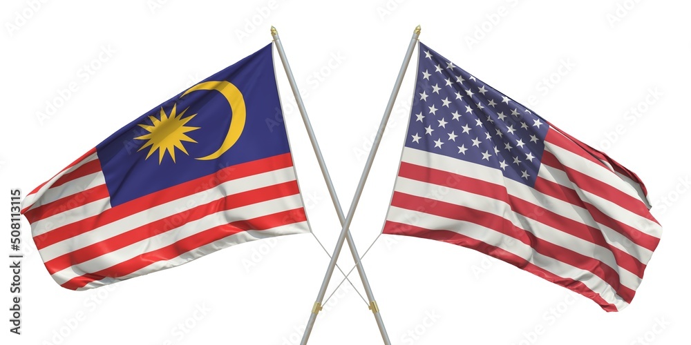 Flags of the USA and Malaysia on white background. 3D rendering Flags of the USA and Malaysia on white background. 3D rendering