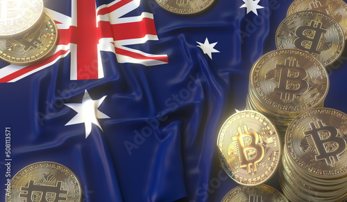 Flag of Australia and bitcoin coins or tokens, cryptocurrency related 3D rendering