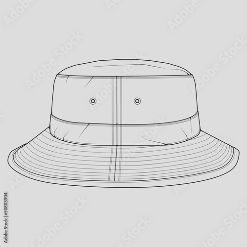 bucket hat outline drawing vector, bucket hat in a sketch style, trainers template outline, vector Illustration.
