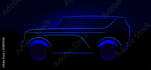 Off road car full size SUV lit in the dark. Car silhouette made from lines, side view. Realistic modern white neon car silhouette for logo, banner for marketing advertising design. Vector illustration