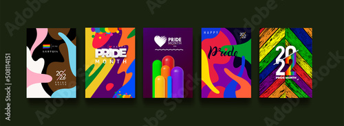 Set of Pride month 2022 logo card with flag. Vector banner, rainbow pride symbol with heart, LGBT, sexual minorities, gays and lesbians. Designer sign, logo 2022, icon colorful rainbow.