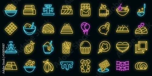 Chocolate festival icons set outline vector. Easter animal. Candy celebrate vector neon