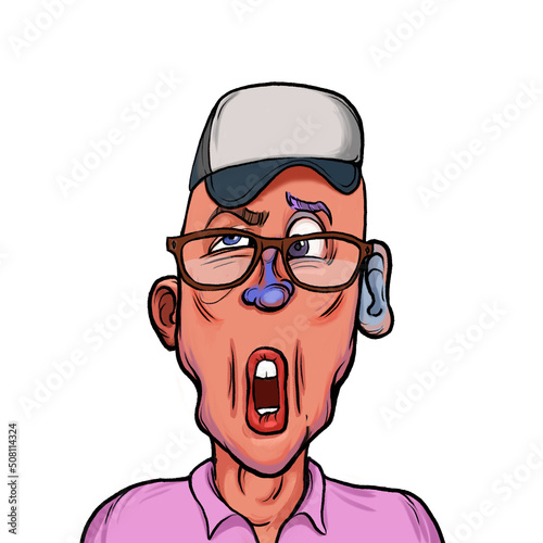 Caricature humor illustration of imaginary cartoon person with funny facial expression isolated on white background