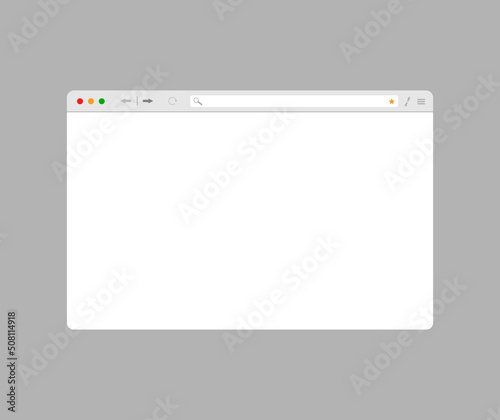 Web browser mockup in light modern flat design. Computer webpage with favorites icon and reload arrow and loupe. Isolated internet browser template. Stock Vector
