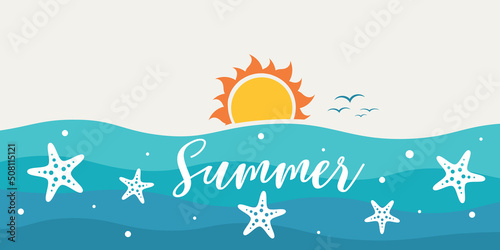 Summer background in tropical colors with blue  sea waves and sunrise.