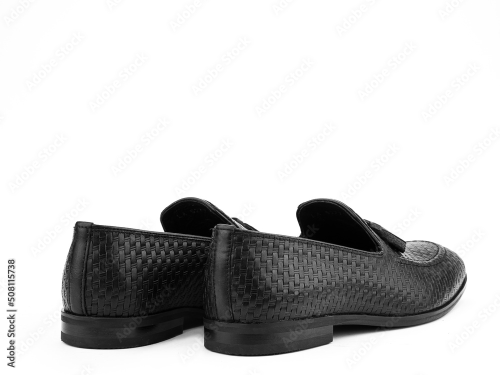Vintage Men's Loafer Shoes. Closeup. Advertising shot. Leather shoes. Concept closeup shoes. Isolated object close up on white background.