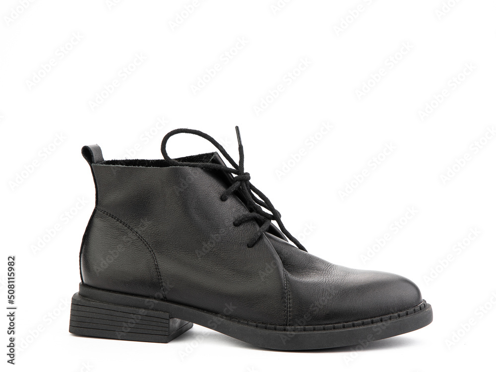 Men's autumn black leather jodhpur boots with laces and average heels, isolated white background. Right side view. Fashion shoes.