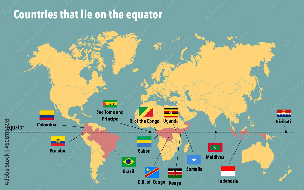 Map Of All The Countries That Lie On The Equator Illustration Stock