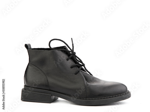 Obraz na płótnie Men's autumn black leather jodhpur boots with laces and average heels, isolated white background. Right side view. Fashion shoes. w salonie