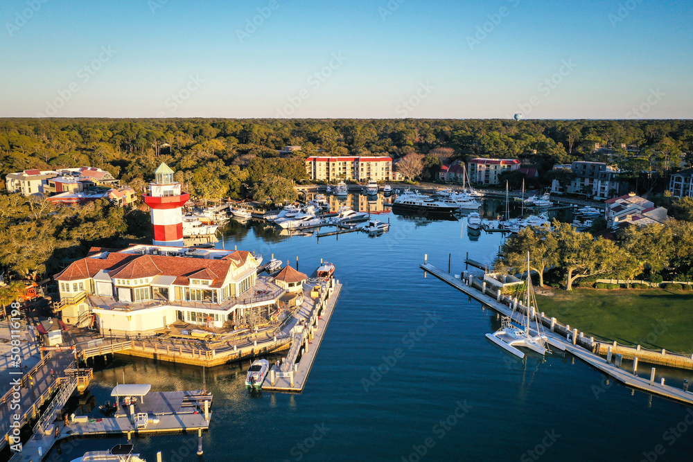 Aerial View of Harbour Town and lighthouse on Hilton Head Island South Carolina