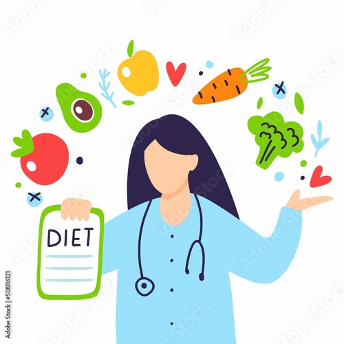 Vector illustration of a nutritionist about choosing a diet with fruits and vegetables