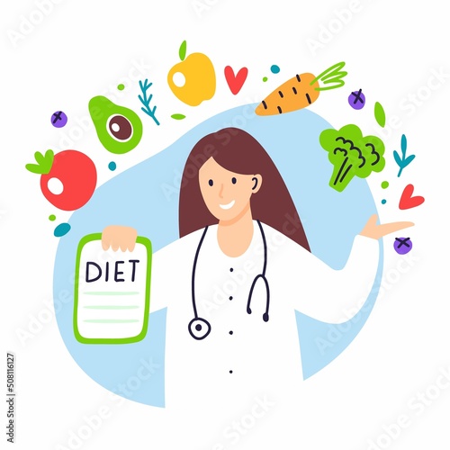 The girl is a nutritionist doctor with fruits and a diet plan.
