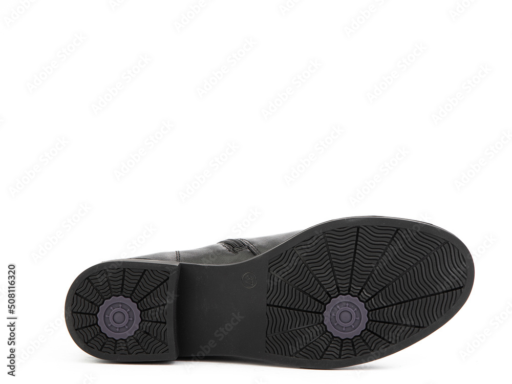 Sole for shoes, bottom view. Shoe sole close-up isolated on white background. place for text. Element of boots. Concept of production of shoe.