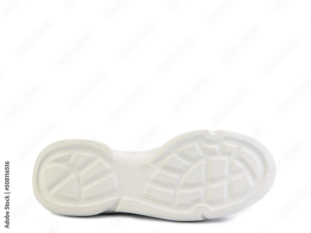 Sole for shoes, bottom view. Shoe sole close-up isolated on white background. place for text. Element of boots. Concept of production of shoe.