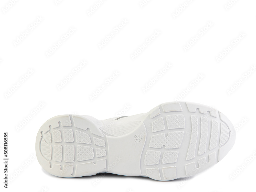 Sole for shoes, bottom view. Shoe sole close-up isolated on white background. place for text. Element of boots. Concept of production of shoe.