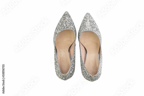 Obraz na płótnie Classic and elegant high-heeled women shoes. Isolated object close up on white background. Top view. Fashion shoes. w salonie