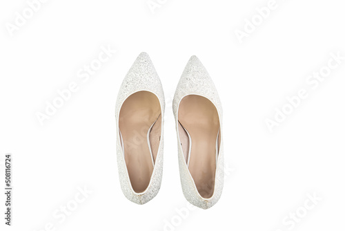 Obraz na płótnie Classic and elegant high-heeled women shoes. Isolated object close up on white background. Top view. Fashion shoes. w salonie