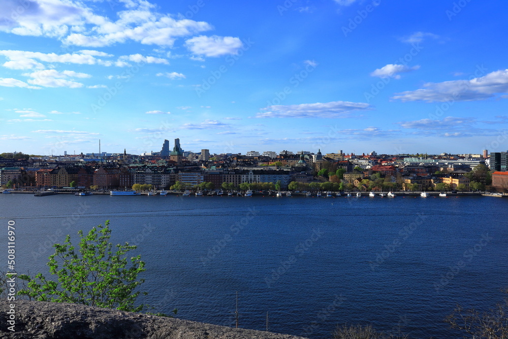 Great view over Stockholm city. One spring day in May. Central part of the town with the lake Malaren or Mälaren. Stockholm, Sweden, Scandinavia, Europe.