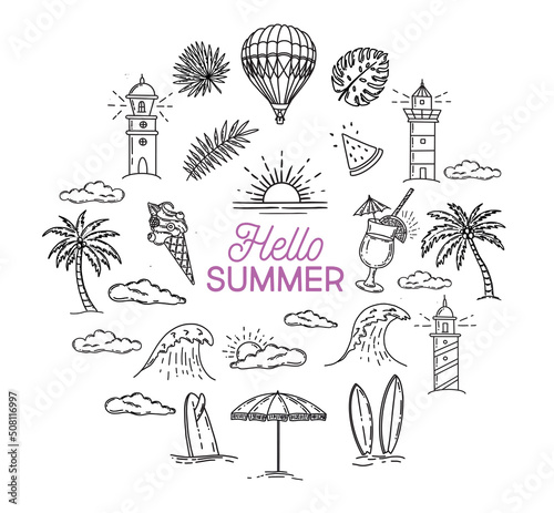 Summer icon set, hand drawn illustration.	