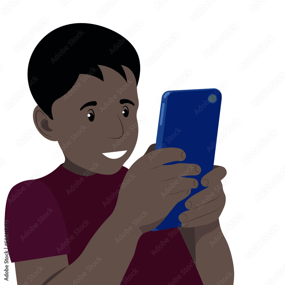 Portrait of a black boy with a phone in his hands, flat vector, isolate on a white background, kid with a gadget, phone addiction Portrait of a black boy with a phone in his hands, flat vector, isolate on a white background, kid with a gadget, phone addiction