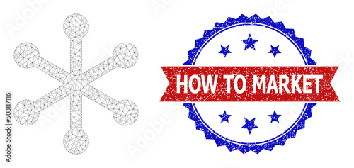 Net mesh network links polygonal framework icon, and bicolor unclean How to Market stamp. Red seal includes How to Market text inside ribbon and blue rosette.
