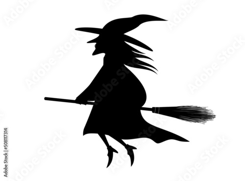Halloween witch flying on her broom stick, vector illustration silhouette