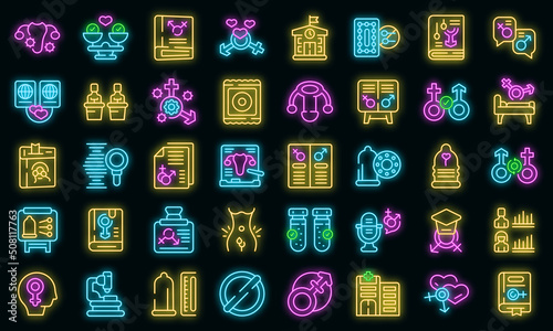 Sex education icons set outline vector. Adult aids. Education control vector neon