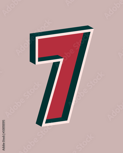 Vector number 7 with 3D effect in retro style. Well red and Deep Teal colors