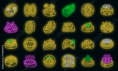 Bruschetta icons set outline vector. Food cheese. Dish italian vector neon