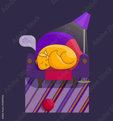 red cat sleeping in chair. Vector illustration