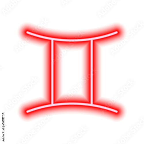 Red neon zodiac sign Gemini on white. Predictions, astrology, horoscope.
