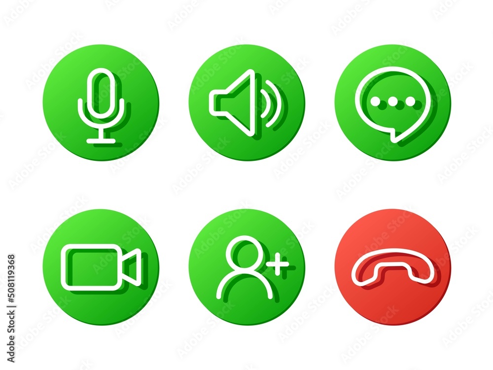 set of video call icons, video conference buttons, collections buttons video chat app, call technology, web app ui display template, videoconferencing and online meeting workspace, green vector icons - obrazy, fototapety, plakaty 