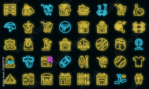 Sports store icons set outline vector. Interior clothing. Inventory equipment vector neon