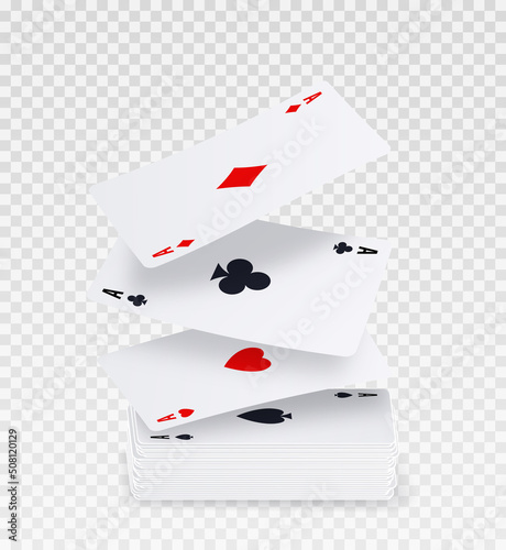 Playing falling cards. Set for playing poker or blackjack, online gambling and entertainment. Graphic elements for betting shops advertising, marketing. Realistic isometric vector illustration