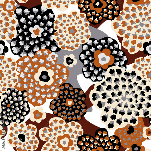 Abstract seamless floral pattern with dots and leaves. Ornamental flourish dr...