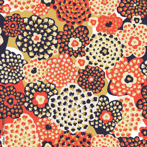 Abstract seamless floral pattern with flowers, dots, leaves. Chaotic flowing ...