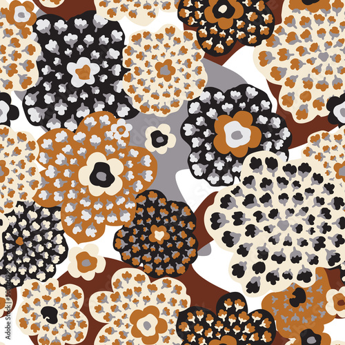 Abstract seamless floral pattern with flowers, dots, leaves. Chaotic flowing ...