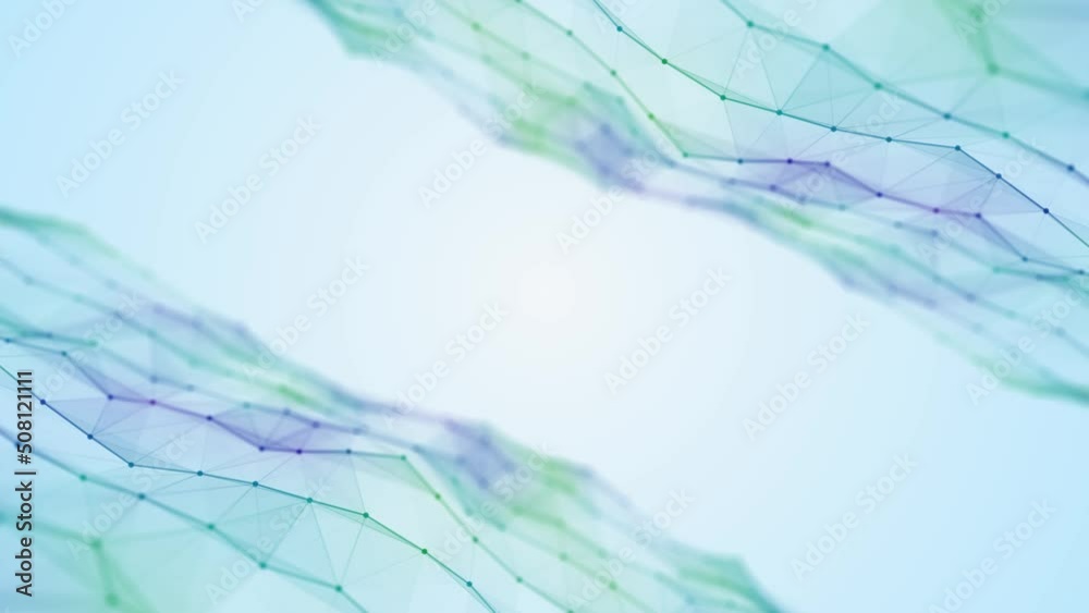 Light animated background frame. Movement color of plexus waves, lines, dots. Plastic matter. Digital network, communication. Connection energy field. Screensaver technology, medicine, business. 4k