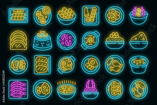 Caribbean cuisine icons set outline vector. Bbq chicken. America patacon vector neon