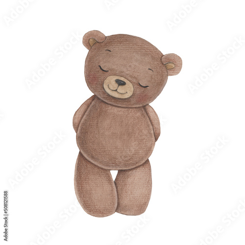 watercolor illustration of a cute toy baby bear. The character stands with his eyes closed and smiles.