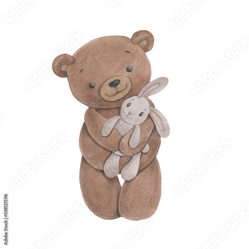 watercolor illustration of a cute cartoon baby bear. The character stands and hugs his favorite bunny toy.