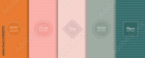 Vector geometric seamless patterns collection. Set of modern backgrounds with minimal labels. Abstract zigzag line ornament, chevron textures. Trendy pastel color palette. Elegant decorative design