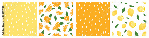 Set of seamless patterns with oranges, lemons