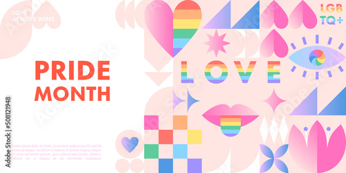 Pride month banner template.LGBTQ+ community vector layout in bauhaus style with geometric elements and rainbow lgbt symbols.Human rights movement concept.Gay parade.Colorful cover design.
