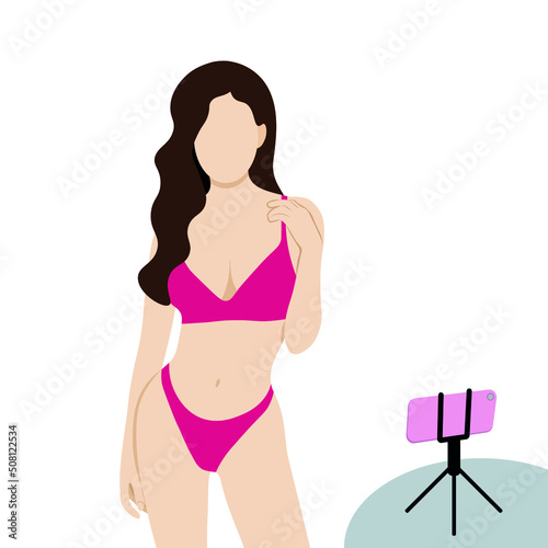 Portrait of a girl in pink lingerie, flat vector, isolate on a white background, webcam model, faceless