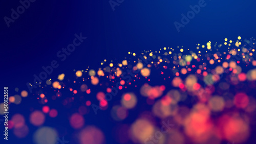 cloud of multicolored particles fly in air slowly or float in liquid like sparkles on dark blue background. Beautiful bokeh light effects with glowing particles. 3d render
