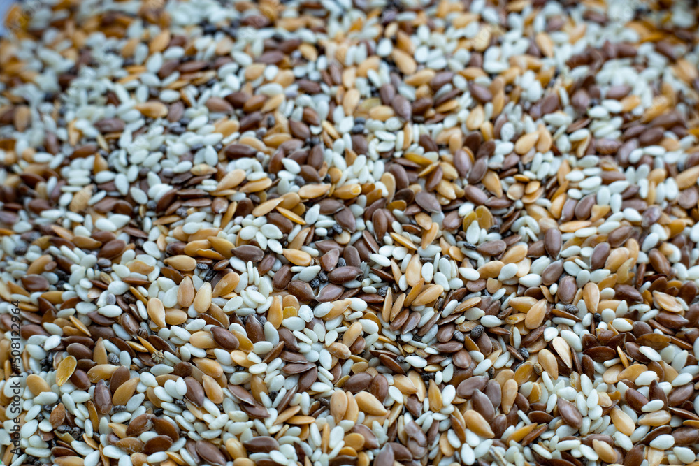 mixture of flax seeds, sesame seeds and chia seeds. Seeds have beneficial micronutrients mixture of flax seeds, sesame seeds and chia seeds. Seeds have beneficial micronutrients